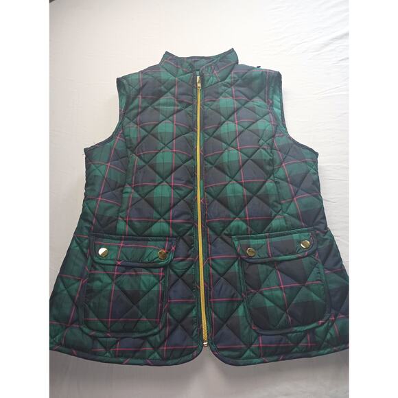 St. John Bay Plaid Quilted Puffer Vest Women Small Green Red Black Gold Zipper - Picture 1 of 5